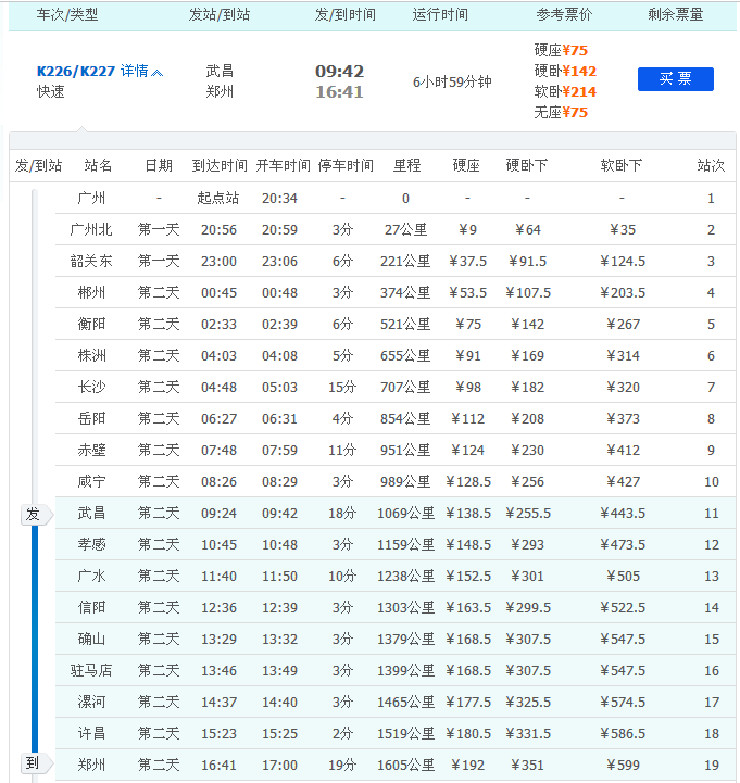 武汉到郑州k226列车停靠站