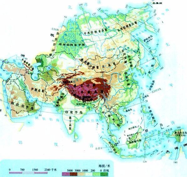 亚洲及欧洲来自地形图