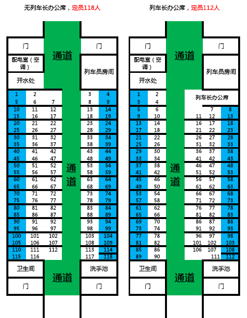 T311次列车每个车厢有多少座？是118还是112？末尾是多少的靠窗？？