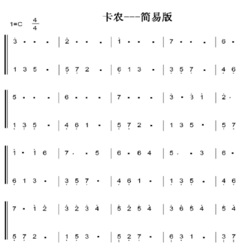 卡农钢琴谱，数字版左右手