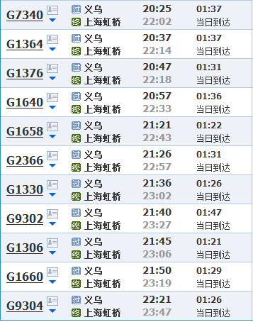 义乌到上海高铁时刻表