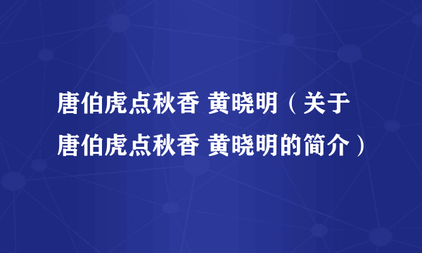 唐伯虎点秋香 黄晓明（关于唐伯虎点秋香 黄晓明的简介）