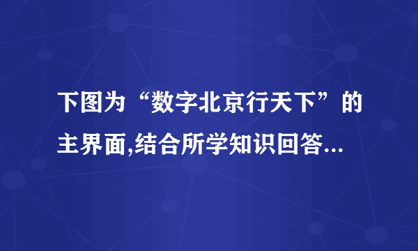 下图为“数字北京行天下”的主界面,结合所学知识回答下列问题。(23分)(1)若家住济南的某同学计划利用暑假到北京旅游,打算住在天安门附近,便于早晨看升国旗。但他不知道住在什么饭店,他应如何利用“数字北京行天下”查询合适的旅店?(2)到了旅店后,他打算游览长城、故宫、颐和园,他将如何选择恰当的乘车路线?