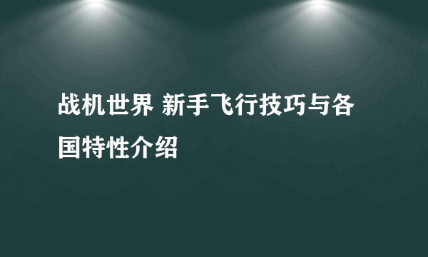 战机世界 新手飞行技巧与各国特性介绍